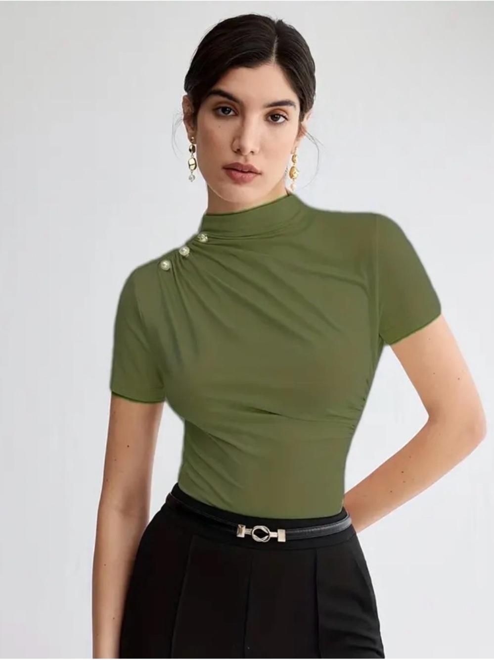 Elegant Olive Green Mock-Neck Short Sleeve Top